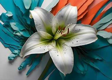 White Lily on Teal and Orange
