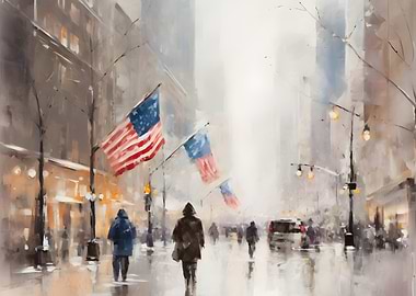 Rainy City Street with Flags