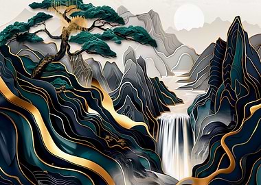 Gold & Teal Mountain Landscape