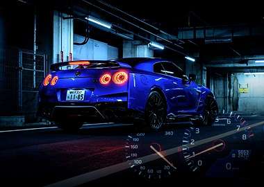 Blue Nissan GT-R in Garage