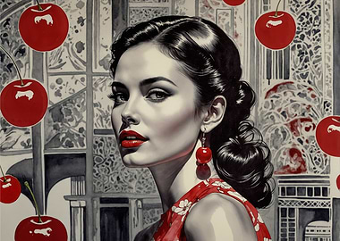 Monochrome & Red Pop Art: Woman with Cherries