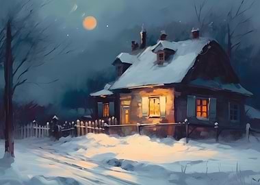 Snowy Cottage at Night