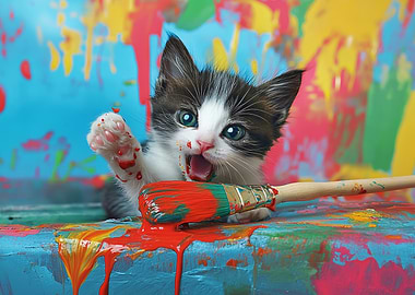 Kitten with Paintbrush