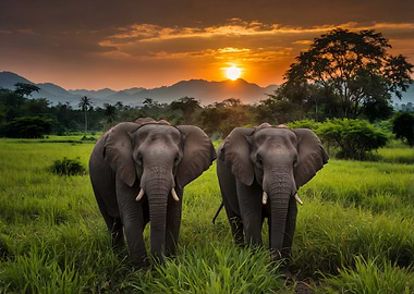 African Elephants at Sunset