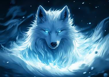 Anime White Wolf with Blue Flames