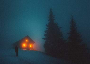Lonely Snow Cabin in Fog