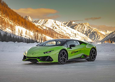 Green Lamborghini on Snowy Mountain