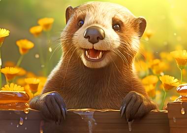 Smiling Otter in Flowers