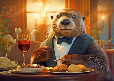 Otter in Tuxedo at Dinner