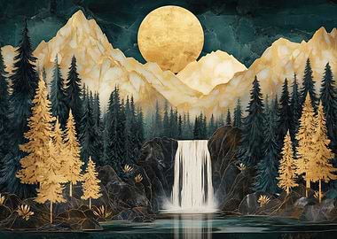 Golden Waterfall Landscape Gilded Moon with Kintsugi Mountains and Marble Sky