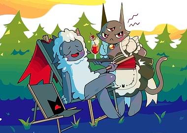 Maid Cat and Sheep Relaxing