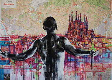 Barcelona Cityscape with Figure