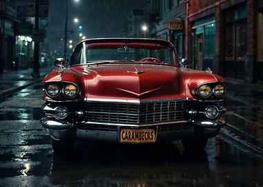 Classic Red Car in Rain