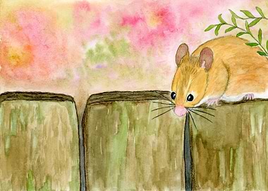 Curious Mouse on Fence Watercolor Illustration