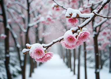 Pink Flowers in Snow