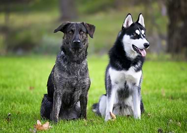 Two Dogs Sitting on Grass