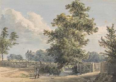 Watercolor Landscape with Gate