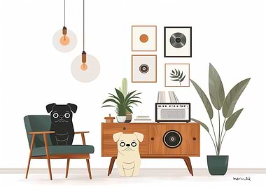 Pug in Mid-Century Living Room