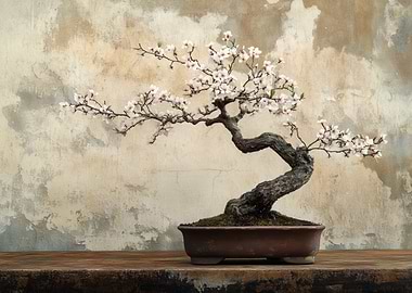 Bonsai Tree with White Blossoms Still Life