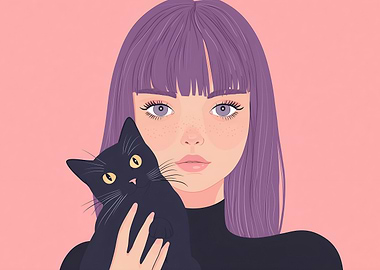 Girl with Purple Hair and Black Cat