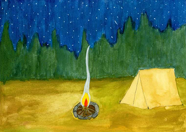 Campfire Camping Under the Stars Watercolor