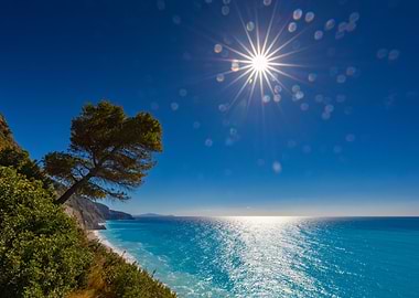 Coastal Landscape with Bright Sun, Lefkada, Greek Island
