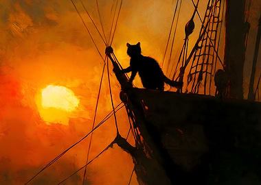 Black Cat on Ship at Sunset