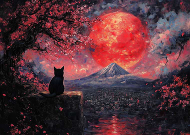 Black Cat Under Red Moon