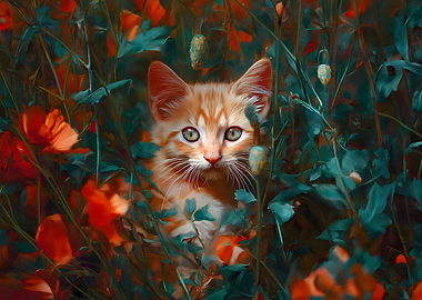Orange Kitten in Flowers