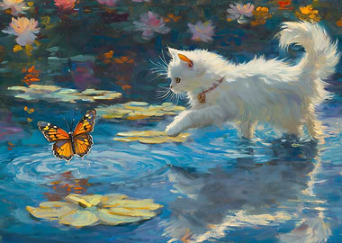 Cat and Butterfly by the Pond
