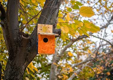 Birdhouse in Autumn Tree