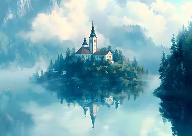 Church on a Misty Lake