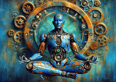 Robot meditating among gears and cogwheels