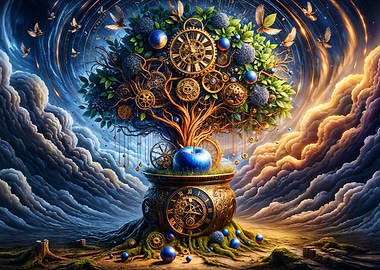 Mystical Time Tree of Gears and Clouds
