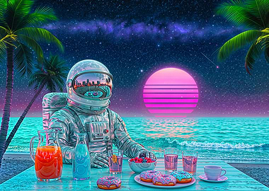 Astronaut Beach Sunset Vaporwave