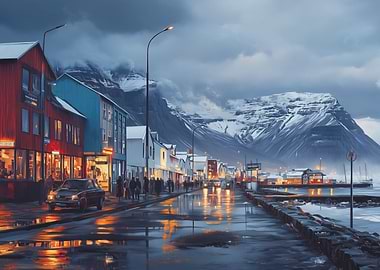 Snowy Mountain Town at Dusk