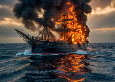 Burning Ship at Sea