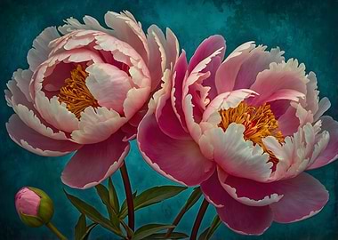 Pink Peonies on Teal