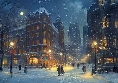 Snowy Cityscape at Night