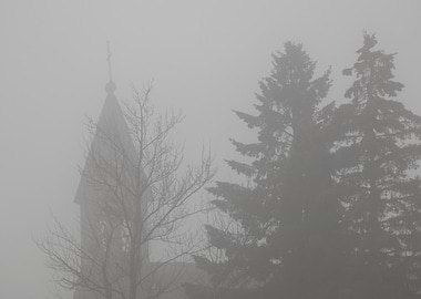 Foggy Church and Trees