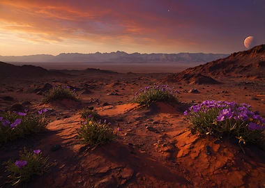 Desert Sunset with Purple Flowers
