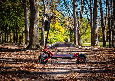 Red Electric Scooter in Forest