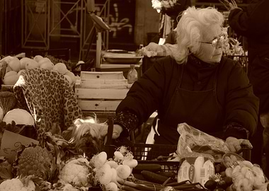 Market Stall with Woman and Dog