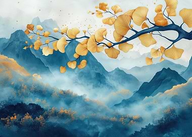 Golden Leaves Over Misty Mountains Tranquil Landscape Art