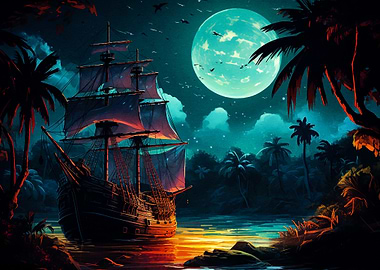 Pirate Ship Under Moonlight