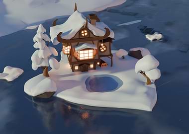 Snowy Cottage on Frozen Lake