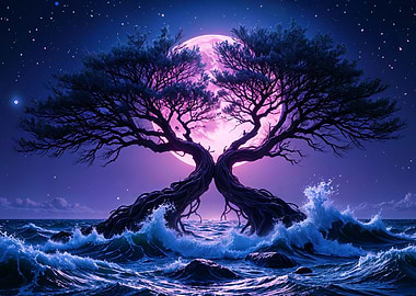 Mystical Night Trees and Moonlit Waves