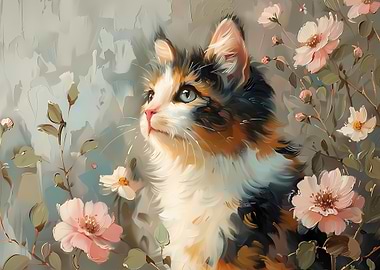 Calico Cat in Bloom Oil Painting