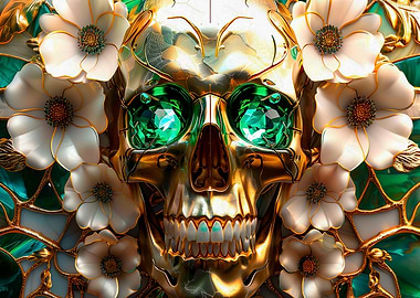 Golden Skull with Flowers