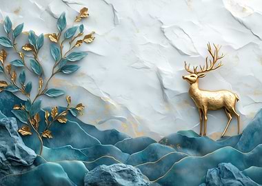 Golden Stag with Teal Mountains, Blue Jade and Gold Leaves